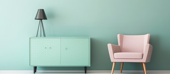 Actual picture of a roomy pastel office with mint cupboard by white wall and armchair with houndstooth pattern offering copy space - obrazy, fototapety, plakaty