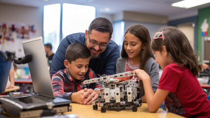 Fototapeta premium Teacher and students, mechanical robot programming, young students