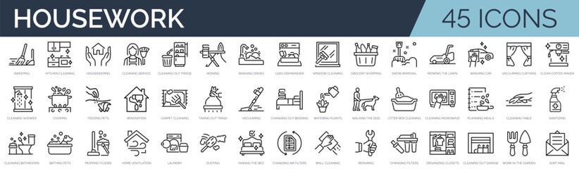 Set of 45 outline icons related to housework, housekeeping. Linear icon collection. Editable stroke. Vector illustration - obrazy, fototapety, plakaty