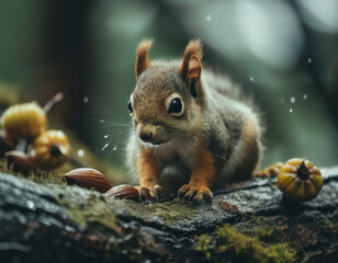 young squirrel on a tree gathering nuts
