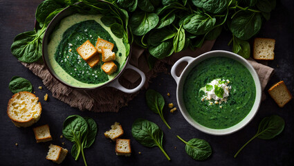 Cream of spinach soup on old background
