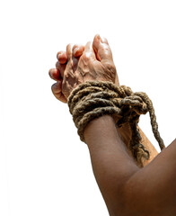 Rope tied hands on sky background