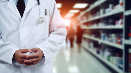 Close Up Male Doctor With Stethoscope and blurred background of hospital or pharmacy . Healthcare Medicine Concept, copy space