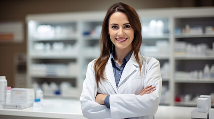 Portrait of attractive happy pharmacist standing with her arms crossed in drugstore and looking at camera. blurry pharmathy background - Powered by Adobe