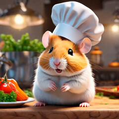 Hamster in chef's hat on the background of the kitchen.