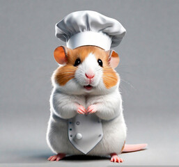 Hamster in chef's hat with a chef's uniform on a gray background