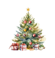 Watercolor Christmas Tree Illustration Cozy Winter Holiday, Christmas tree with gifts, Rustic, Decorated