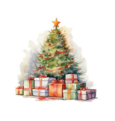 Watercolor Christmas Tree Illustration Cozy Winter Holiday, Christmas tree with gifts, Rustic, Decorated