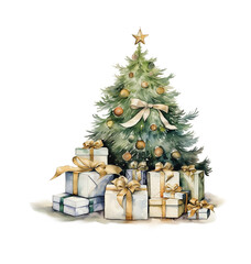 Watercolor Christmas Tree Illustration Cozy Winter Holiday, Christmas tree with gifts, Rustic, Decorated