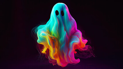 Colourful ghost with black eye holes on dark background. Postproducted generative AI illustration. - obrazy, fototapety, plakaty