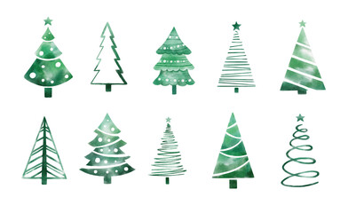 Christmas Watercolor Trees Doodles, Winter Holiday Design, Gift Tags, planner, scrapbooking Hand Drawn 