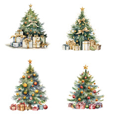 Watercolor Christmas Tree Illustration Cozy Winter Holiday, Christmas tree with gifts, Rustic, Decorated,