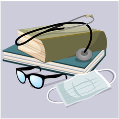 Books, doctor's statoscope, glasses, medical mask.