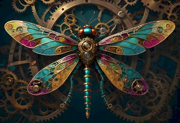 Steampunk Mechanical Dragonfly, Generative AI - obrazy, fototapety, plakaty