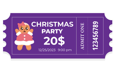 Christmas party ticket template. Ticket design illustration with gingerbread man