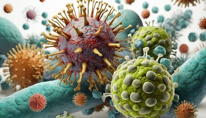 Virus, Antibodies and viral infection under the microscope. The body's immune defense. Antigens 3D illustration	 - obrazy, fototapety, plakaty
