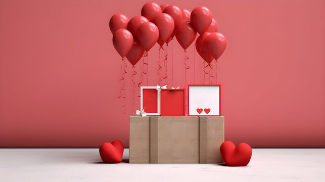 Fondos en color rojo con globos y elementos de corazón espacio para escribir mensaje de amor