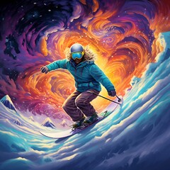 Fototapeta na wymiar a snowboarder in the background rides down a mountain