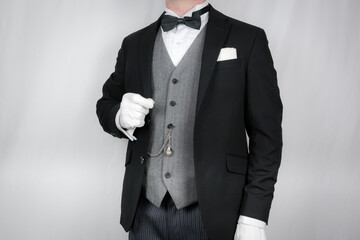 Portrait of Butler or Hotel Concierge in Dark Suit and White Gloves Standing at Respectful...