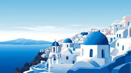 Obraz premium copy space, simple vector illustration, simple colors, santorini, greece. World famous Greece Island in the Mediterranean sea. Must-see place in Europe. Beautiful travel destination. Design for advert