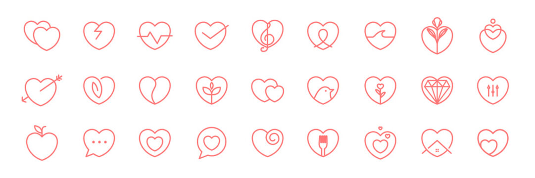 love heart with kind of hobbies favorite line style simple modern icon set collection sign symbol logo design vector illustration