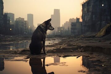 An abandoned dog sitting in a puddle of water in front of a devastated city skyline. - obrazy, fototapety, plakaty