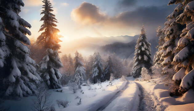 Winter pine forest road covered in snow under the sunset