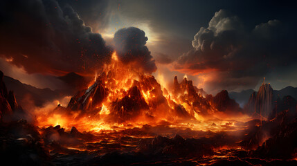 volcanic eruption, streams of incandescent lava flow down the slope. environmental disaster. - obrazy, fototapety, plakaty