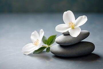 Fototapeta na wymiar Spa and yoga stones with flowers , White orchid and black stones close up.