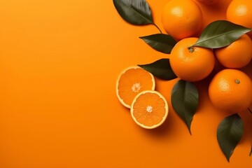 fresh orange fruits with leaves on a orange background, top view. Generative AI