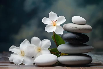Foto op Canvas Spa and yoga stones with flowers , White orchid and black stones close up. © TERKWAZ