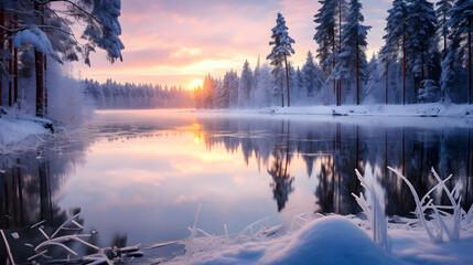Sunrise Over Icy, Winter Landscape with River