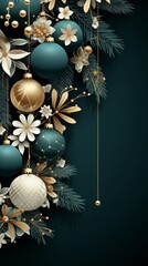 Christmas tree balls and snowflakes on green blue background, winter holidays design