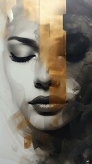 Collage black and white monochrome art portrait of a woman, brush strokes of gold paint. Generated ai
