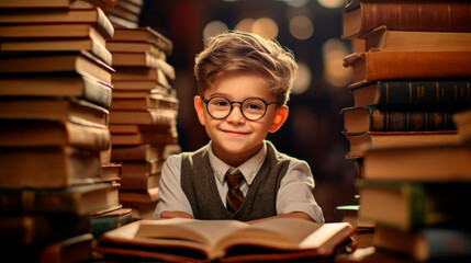 studious boy among books