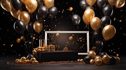 a black and gold background, a photo frame with a positioned gift box and balloons behind, an element of surprise and excitement, hyper-realistic with super high-quality details.