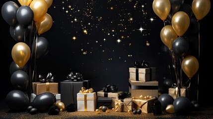 Fototapeta na wymiar a black and gold background, a photo frame with a positioned gift box and balloons behind, an element of surprise and excitement, hyper-realistic with super high-quality details.