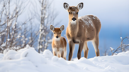 Mother Deer with Fawn in the Snow