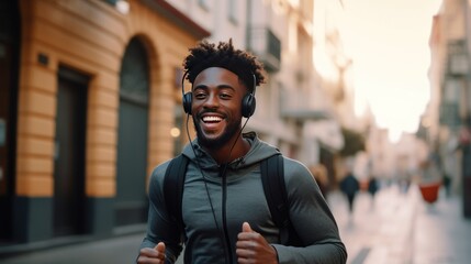 Back smiling young man doing a morning jog in the city wearing headphones, generative ai - obrazy, fototapety, plakaty