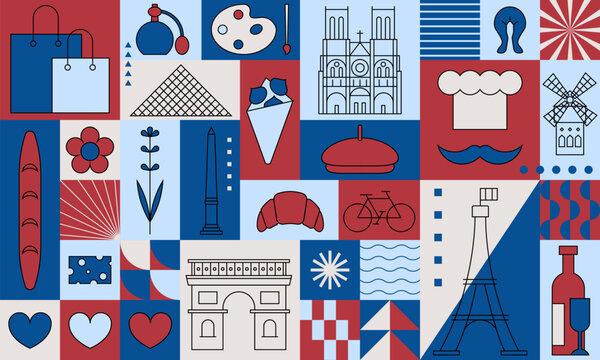 Welcome to France romance set. Popular French landmarks, food and attractions. Paris vector illustration. Famous french city tourist symbols collection