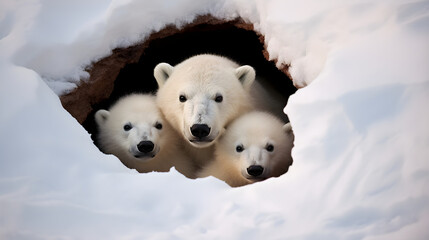 Polar Bears, Mother and Cubs Emerging From Den - obrazy, fototapety, plakaty