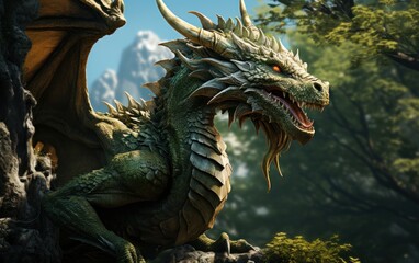 Green dragon in the forest, symbol of the year 2024, AI