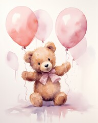 Joyful Teddy Bear with Pink Balloons