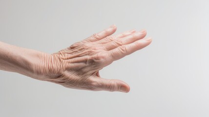 an elderly white woman's hand, clearly defined, reaching out in an attempt to grasp something just beyond her reach, on a white background to emphasize the emotional depth of the scene.