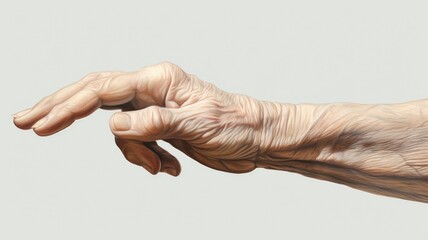 an elderly white woman's hand, clearly defined, reaching out in an attempt to grasp something just beyond her reach, on a white background to emphasize the emotional depth of the scene.