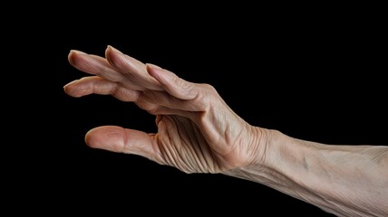 an elderly white woman's hand, clearly defined, reaching out in an attempt to grasp something just beyond her reach, on a white background to emphasize the emotional depth of the scene.