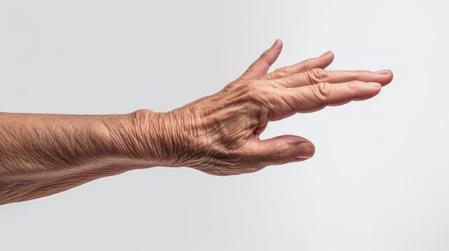 an elderly white woman's hand, clearly defined, reaching out in an attempt to grasp something just beyond her reach, on a white background to emphasize the emotional depth of the scene.