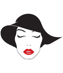 abstract illustration of elegant female face with hat, black hat with red lips, vector female print, editable,
