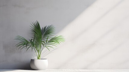 empty space for text against a concrete wall, an element of nature with palm foliage casting a soft shadow, embodying the essence of minimalism.
