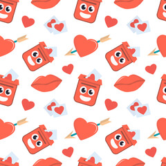 valentines day elements pattern. cartoon romantic love 14 February party celebration, hearts lips love sweets letters envelope ring gift boxes. vector cartoon minimalistic flat seamless pattern